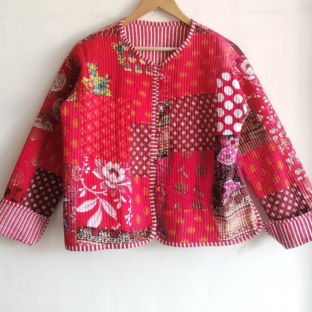 Quilted patchwork reversible jacket red medium